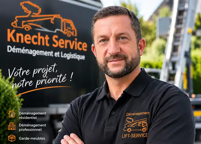 Kevin Knecht, gérant de l'entreprise de déménagement Knecht Service à Enghien, devant un camion de déménagement et un lift monte-meubles